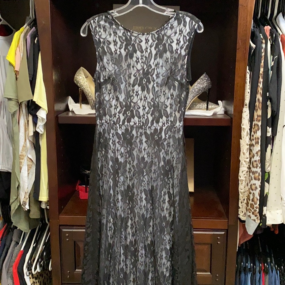 Black lace asymmetrical dress with Silver underlay.